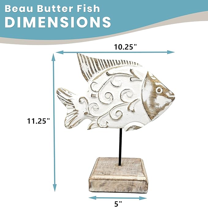 Beau Butter Fish Statue on Base Stand | Handmade Wooden Fish Sculpture for Nautical Beach House Rustic Centerpiece Table Decor for Office, Living Room