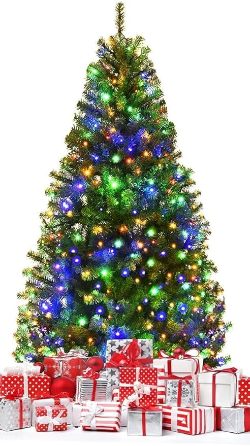 HAPPYGRILL 5FT Pre-lit Artificial Christmas Tree with 600 PVC Branch Tips, Foldable Base, Premium Hinged Spruce Xmas Tree with 11 Color Modes Lights for Holiday Decoration
