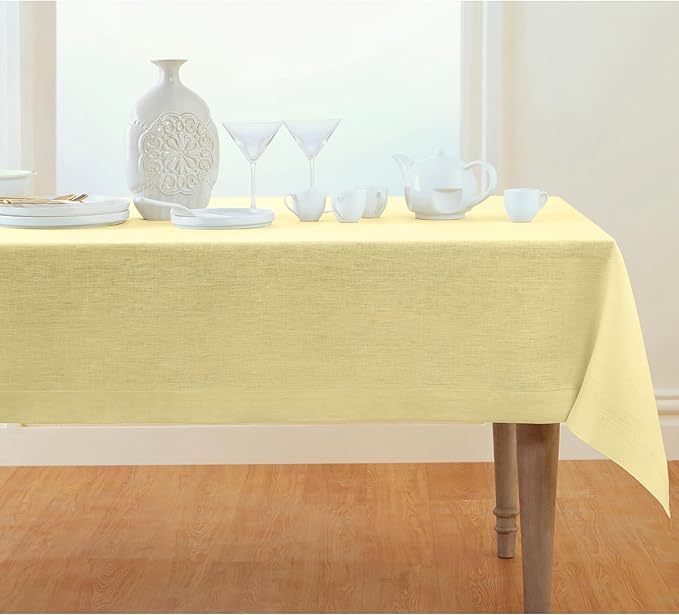 Solino Home Linen Tablecloth 60 x 90 Inch - 100% Pure Linen Chambray Yellow Table Cloth for Rectangular Tables - Athena, Machine Washable Cloth Tablecloth