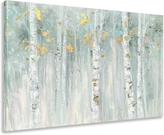 Yihui Arts Birch Tree Canvas Wall Art with Gold Foil - Abstract Forest Paintings with Textured - Green Landscape Pictures for Living Room Bedroom Bathroom Decor