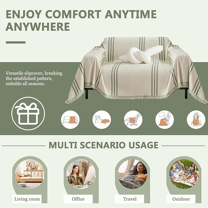 DREAMINGO Armchair Cover Washable Chenille Sofa Protector for Pet Kids Beige Green Chair Couch Covers for 1 Cushion Couch Stripe Jacquard Versatile Sofa Throw Slipcover for Futon Couch, 71"x91"
