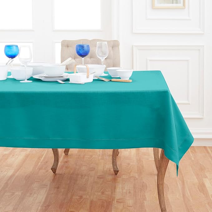 Solino Home Linen Tablecloth 54 x 72 Inch - Classic Hemstitch 100% Pure Linen Teal Table Cloth for Rectangle Tables - Machine Washable Tablecloth for Fall, Autumn