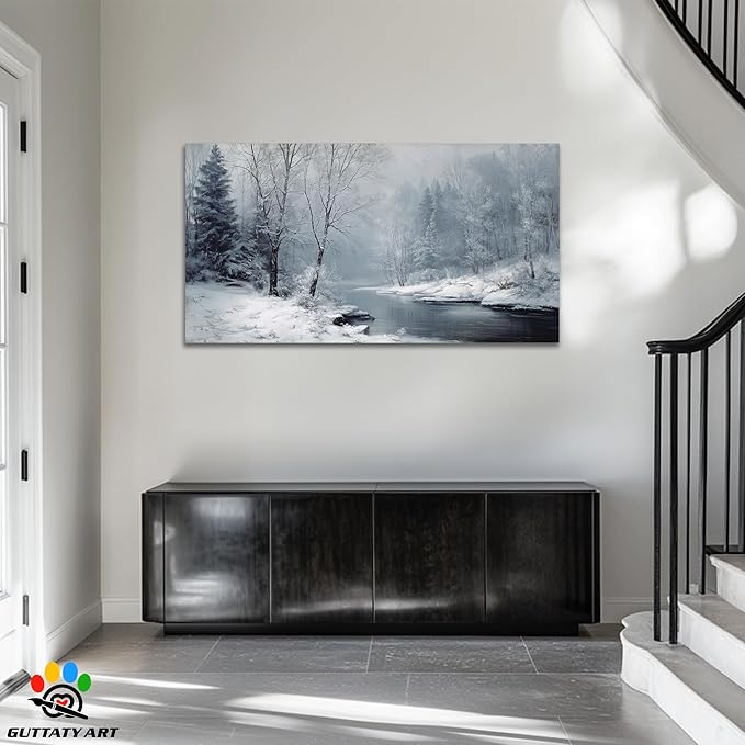 GUTTATY Christmas Winter Scene Canvas Wall Art, Snowy River Landscape Canvas Prints, Frosted Forest Picture Wall Decor Artwork for Living Room, Bedroom, Holiday Season Decoration, 32x16 Inch