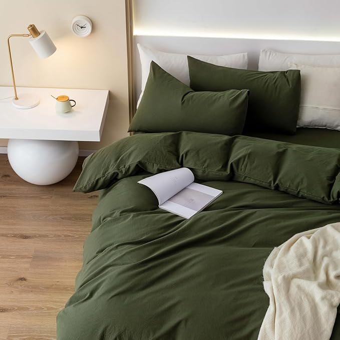 JIYUAN 100% Washed Cotton Duvet Cover Set 3 Pieces Full, 1 Duvet Cover 80x90 Inches(Comforter Not Included) and 2 Pillowcases,Linen Feel Bedding Set Comfy and Breathable,Olive Green