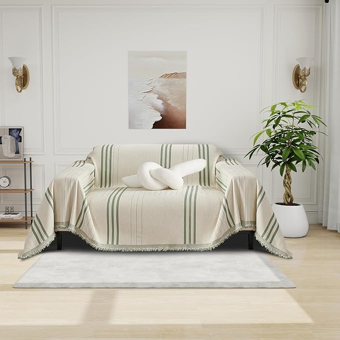 DREAMINGO Chenille Armchair Cover Jacquard Sofa Covers Washable Furniture Protector Recliner Couch Cover 1 Cushion Reversible Chair Cover Beige Green Striped Couch Cover Blanket 71"x 71"