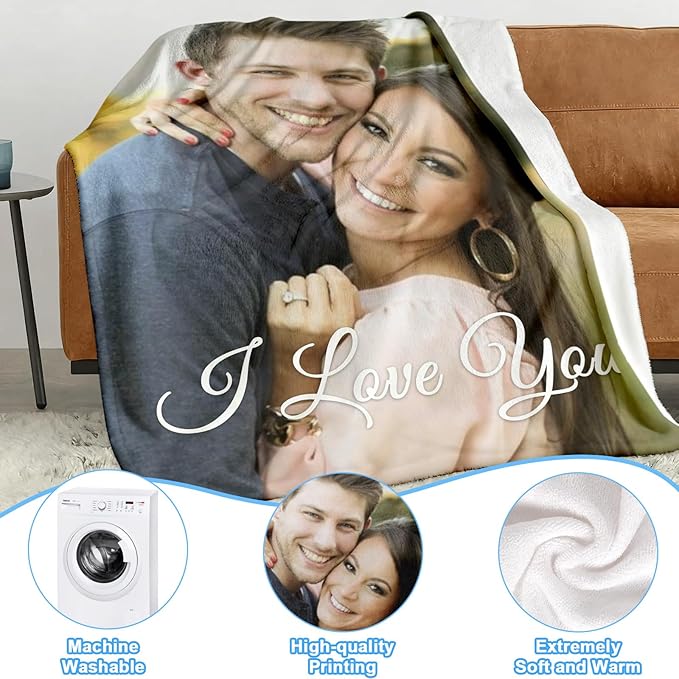 Jecivila Custom Blanket with Picture Text Personalized Photo Flannel Throw Blankets Customized Couple Gifts for Girlfriend Boyfriend Wife Husband on Valentine's Day Birthday