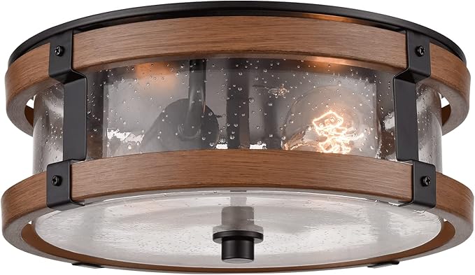 Farmhouse Ceiling Light Fixture 2-Light Hallway Ceiling Light in Black & Rustic Wood Grain Finish with Clear Seeded Glass Shade