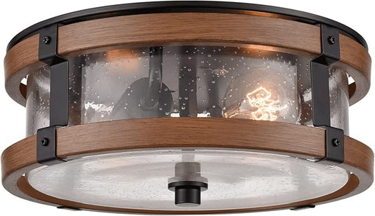 Farmhouse Ceiling Light Fixture 2-Light Hallway Ceiling Light in Black & Rustic Wood Grain Finish with Clear Seeded Glass Shade