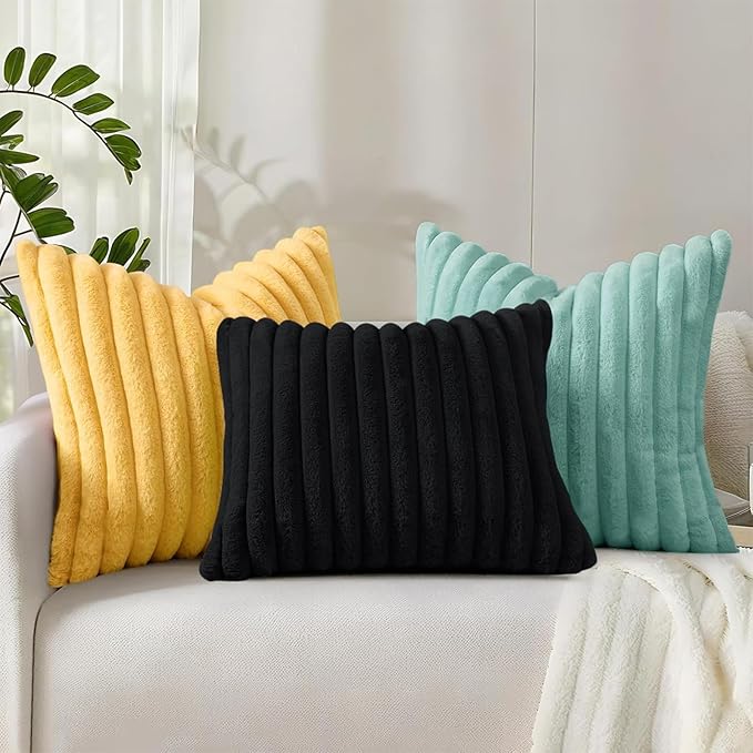 decorUhome Faux Fur Christmas Throw Pillow Covers 16x16 Set of 2, Decorative Soft Plush Striped Neutral Couch Euro Pillow Covers with Velvet Back for Sofa, Bed, Living Room Home Decor, Mustard Yellow