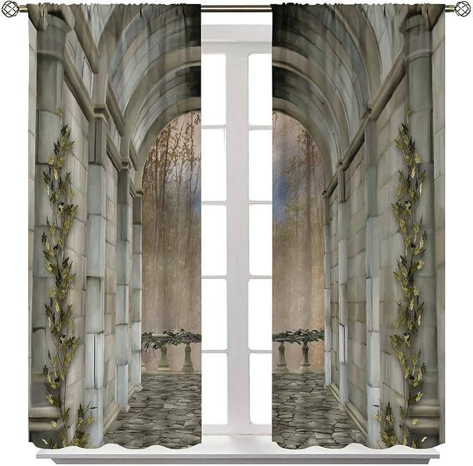 Abstract Mid Century Gothic Arch Blackout Curtains, Vintage Watercolor Forest Old Western Architecture Window Drapes, for Living Room Bedroom 21(W)*54(L) 2 Panels