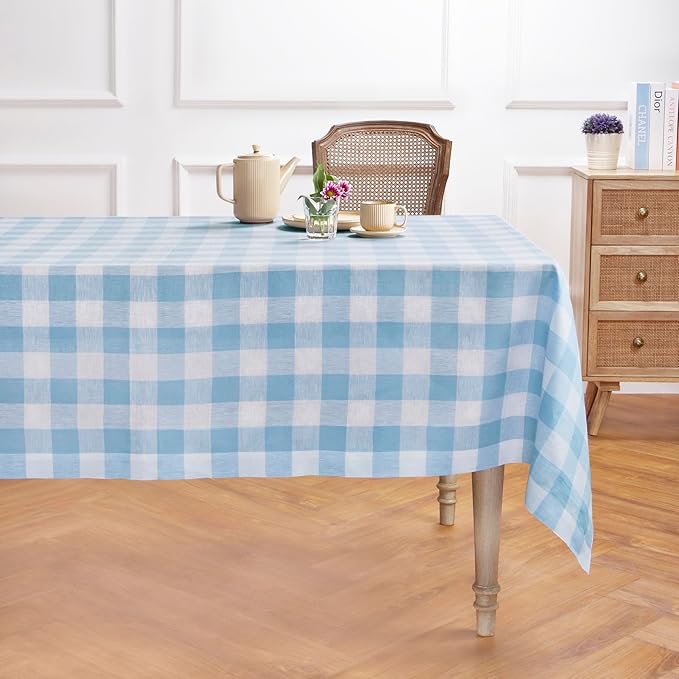 Solino Home Linen Square Tablecloth 52 x 52 Inch - 100% Pure Linen Blue Bell Buffalo Check Tablecloth - Machine Washable Table Throw