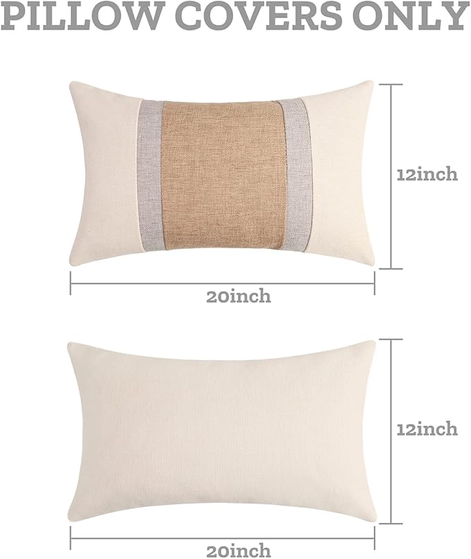 Pyonic Pillow Covers 12x20 Farmhouse Decor Patchwork Linen Throw Lumbar Pillow Covers White and Grey Boho Accent Cushion Covers for Couch Sofa,Set of 2