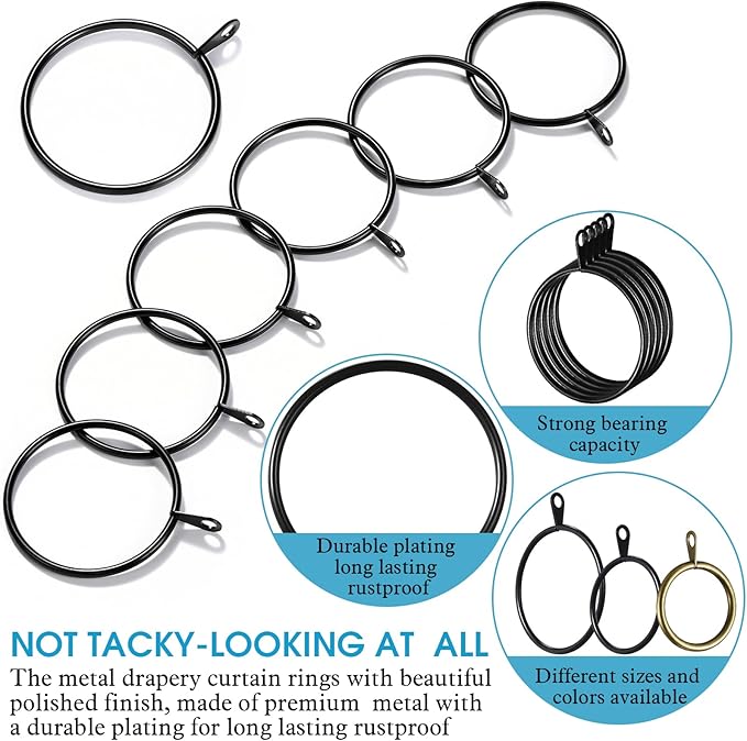Shappy 40 Pack Metal Drapery Curtain Rod Rings with Eyelets Internal Diameter 1.97in Fits up to 1.57in Rod Hanging Drape Sliding Eyelet Black Rings for Window Door Shower Bathroom