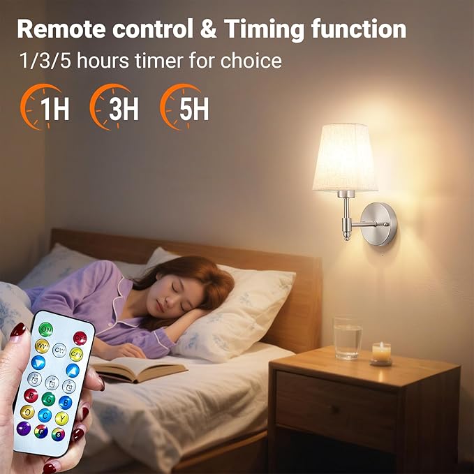Battery Operated Wall Sconces Set of Two, Indoor Wireless Wall Mounted Lamp with 10000mAh Dimmable Bulb and Remote, RGB Colors Rechargeable Wall Light for Bedroom Living Room Decor