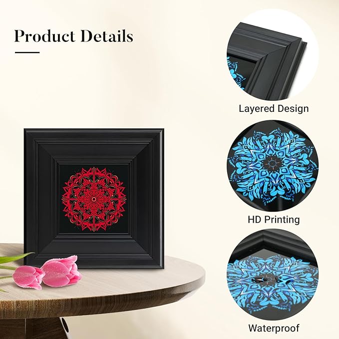 Brivoria Mandala Wall Art Home Decor, Framed Red Ember Glow Mandala Artwork, Modern Spiritual Accent for Meditation Corner Desk Shelf or Bedroom, Warm Wall and Tabletop Display, 8x8