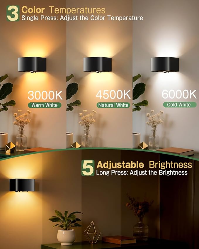 Wall Light Motion Sensor 2 Pack, Wall Sconces LED Indoor with Remote Control 3 Colors Brightness Adjustable 5000mAh Rechargeable Battery Powered Wall Lamps for Bedroom Living Room