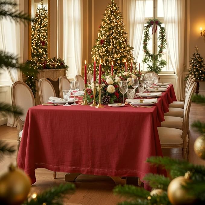 D'Moksha Homes Red Linen Tablecloth for Rectangle Tables 60 x 144 Inch - 100% Pure Linen Red Table Cloth - Classic Hemstitch, Machine Washable Dining Tablecloth for Thanksgiving, Christmas, Holiday