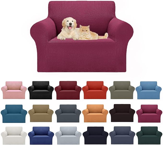 Cupuamon 2025 New Stretch Chair Sofa Slipcovers Couch Cover for 1 Seater Furniture Protector Sofa Covers with Elastic Bottom Jacquard Fabric Small Checks for Pets, Kids - Wine