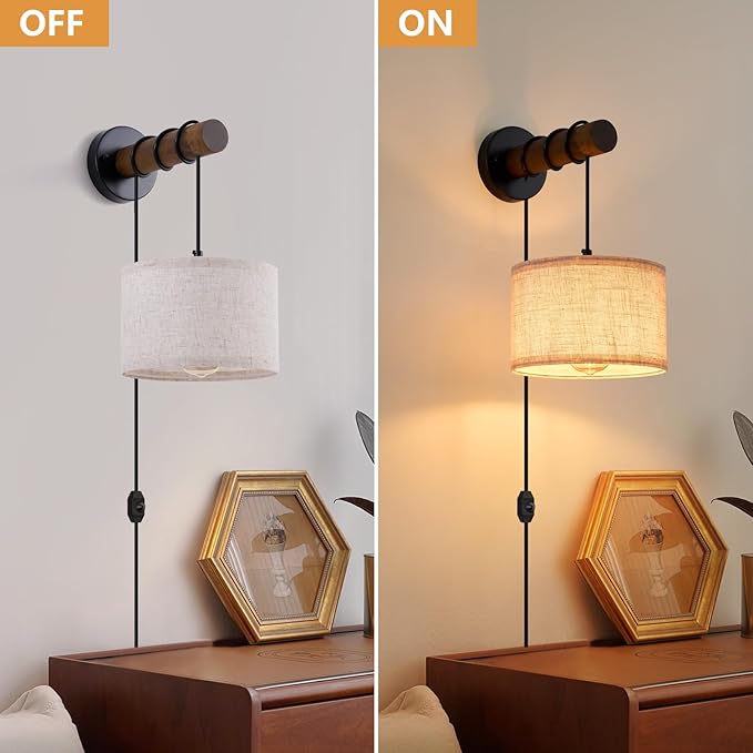 Plug in Wall Sconces Set of 2, Farmhouse Wall Lamp with 5.9FT Plug in Cord, Dimmable Hanging Wall Lighting with Fabric Shade, Adjustable Wall Mount Lights for Bedroom Living Room, Wooden Arm