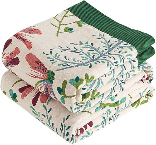 Boho Throw Blanket, 100% Organic Cotton Breathable Ultra Soft 50" x 60" Bed Quilt Throw - All Season Floral Rustic Farmhouse Decor Luxury Reversible Blanket for Sofa Couch Chair and Gift