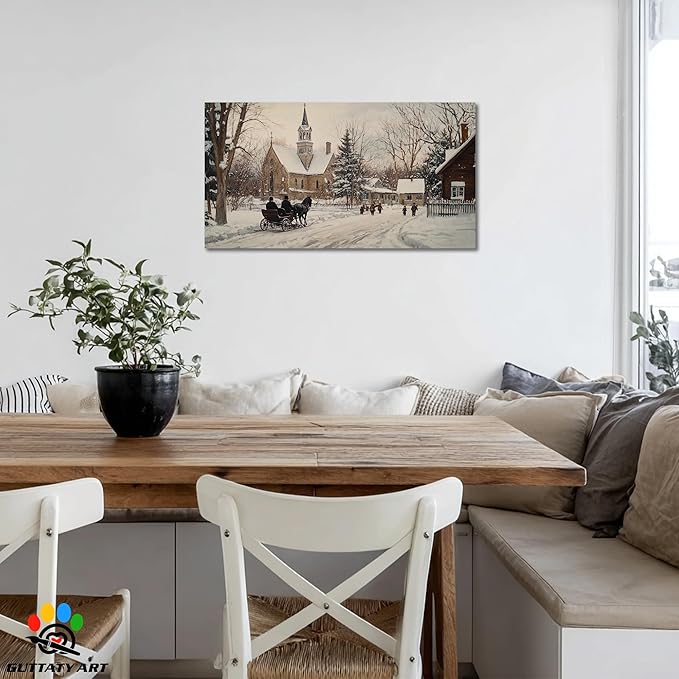 GUTTATY Winter Christmas Canvas Wall Art, Snow Village Scene Canvas Prints, Classic Church Horse Sleigh Wall Painting, Country Winter Pictures Decor for Living Room, Farmhouse, Entryway, 16x8 Inch