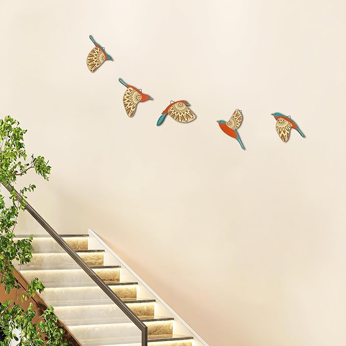 Vumyhuby 5 Pcs Teal Wooden Bird Wall Art | Rustic Folk Art Wall Decor for Indoor Use | Handcrafted Wood Flying Birds Wall Hangings for Living Room, Bedroom, Kitchen, Office | Scandinavian Home Decor Gift