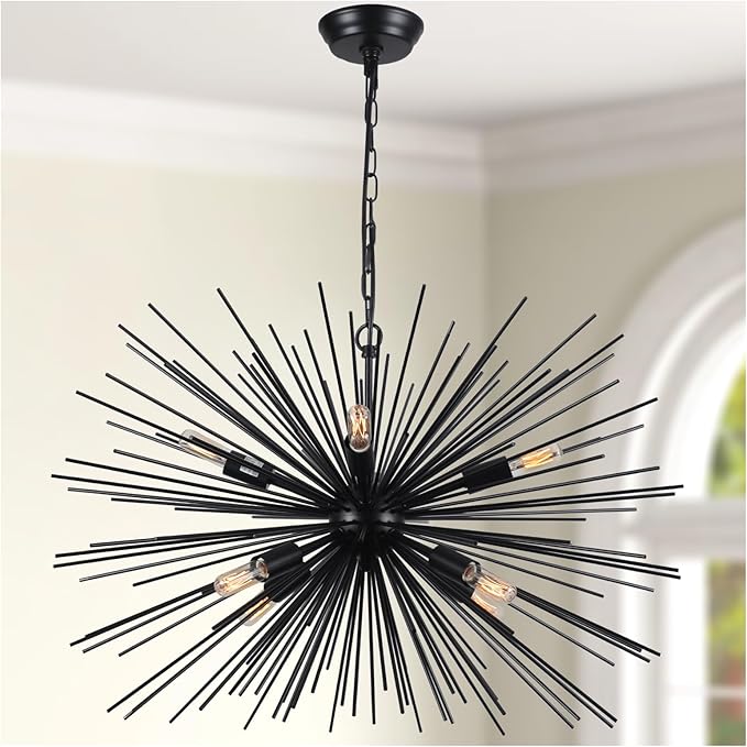 29.13" Large Black Sputnik Chandelier Vintage Geometric Starburst Chandelier Light Modern Solid Metal Firework Chandeliers for Dining Room, Kitchen Island, Bedroom, Living Room