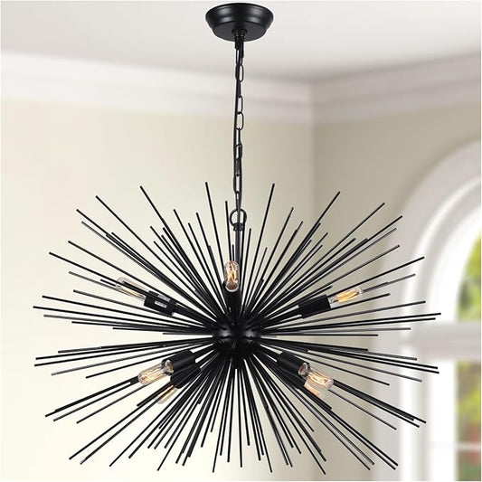29.13" Large Black Sputnik Chandelier Vintage Geometric Starburst Chandelier Light Modern Solid Metal Firework Chandeliers for Dining Room, Kitchen Island, Bedroom, Living Room