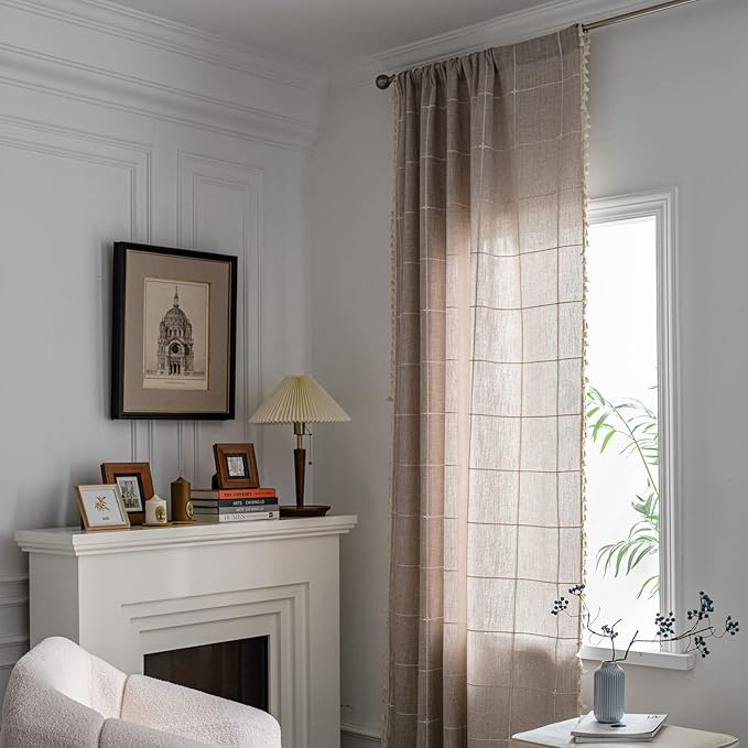 Sutuo Home Boho Curtain for Bedroom 84 Inch Length, Light Filtering Country Farmhouse Vintage Shabby Chic Tassels Window Treatment Bohemian Grid Drape for Decor 1 Panel 52" W x 84" L, Natural Plaids