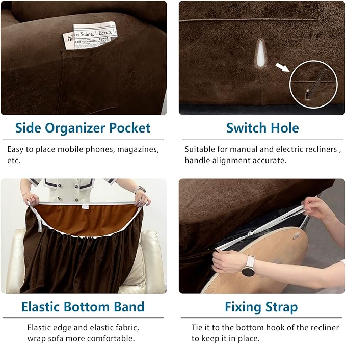 Chair Covers 4-Pieces Recliner Chair Covers 1 Seater Cover for Recliner Chair Leather Look Recliner Slipcovers with Pockets Spandex Fabric Furniture Covers(XL Recliner, Dark Brown)