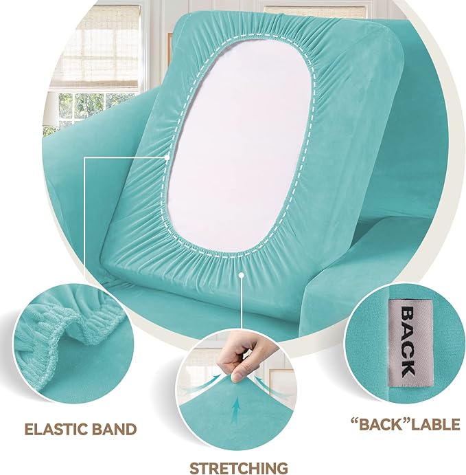 WEERRW 4 Pieces Velvet High Stretch Couch Covers for 3 Cushion Couch Sofa Slipcovers, Washable Furniture Protector with Non Slip Elastic Bottom, Feature Soft and Thick Plush Fabric, Aqua, Large