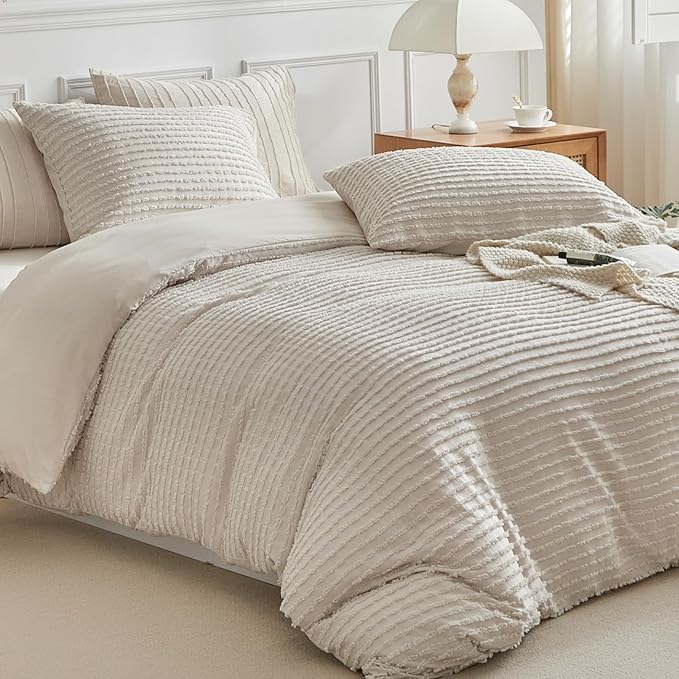 WARMDERN Boho Duvet Cover Set King Size,Khaki Striped Duvet Cover Microfiber Bedding Set,3PCS Ultra Soft Breathable Lightweight Tuft Texture Pattern Duvet Covers with Zipper Closure(Khaki,King)