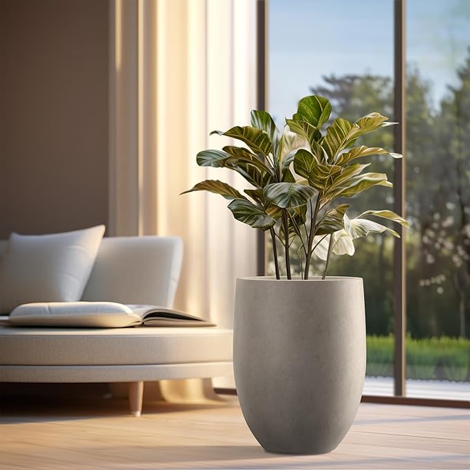 Kante 21.7 Inch Tall Concrete Planter, Large Indoor Outdoor Plant Pot with Drainage, Smooth Weathered Concrete Finish with Warm Brown Interior, Ideal for Porch, Home, Garden, Patio