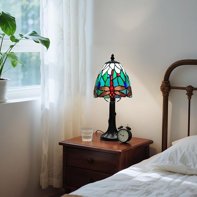 Tiffany Style Table Lamp - Dragonfly Stained Glass Lamps 6 Inch Small Tiffany Lamp Bedside Desk Lamps for Bedroom Living Room Home Office, Desk Reading Light Includes LED Bulb