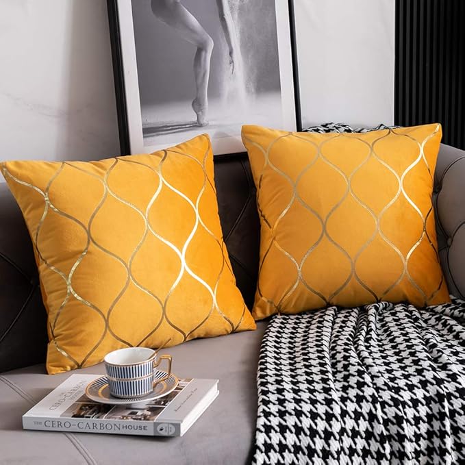 22x22 Inch Gold Velvet Throw Pillow Covers: 2 Pack Square Decorative Pillow Cases for Bedroom Sofa Couch Living Room, Yellow
