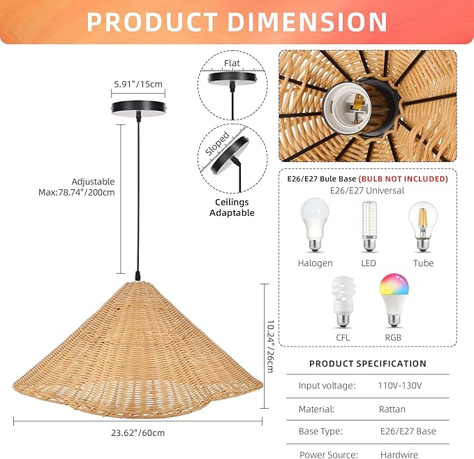 Arturesthome Modern Farmhouse Chandelier Woven Pendant Light Natural Rattan Hat Lamp Shape 1 Light Rustic Chandelier for Dining Room Kitchen Restaurant 23.6"