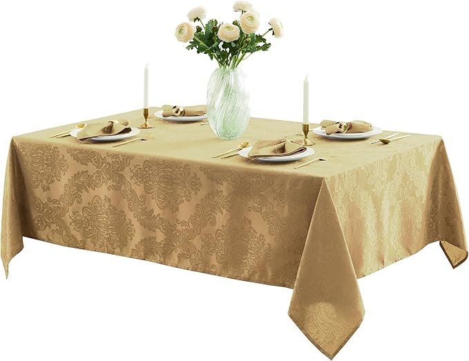Newbridge Barcelona Damask Fabric Tablecloth, 60 x 84 Inch Rectangle, Gold – No Iron, Soil Resistant Table Cover for Dining, Parties and Holidays