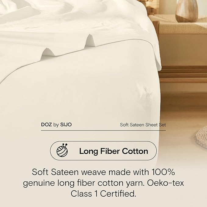 DOZ 100% Long Staple Cotton Duvet Cover Set, Soft Sateen Weave, Smooth, Breathable, Hotel Comfort, 106"x90", 8 Loops, 3pc – 2 Pillowcases 1 Duvet Cover (Ivory, King/Cal King)