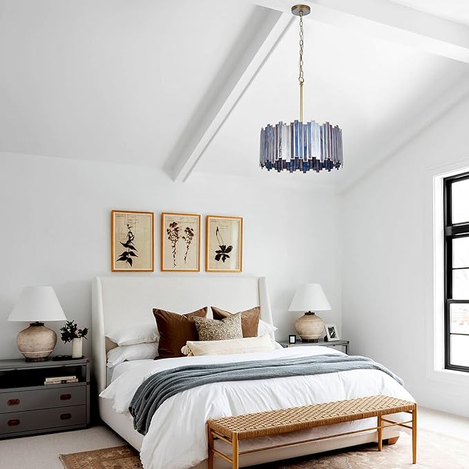 Drum Chandelier 4-Light, Brass Gold Tiffany Pendant Lighting Fixture with Stained Deep Blue Glass Shade, 16” Round Ceiling Hanging Lamp for Bedroom Dining Room Kitchen Entryway Living Room
