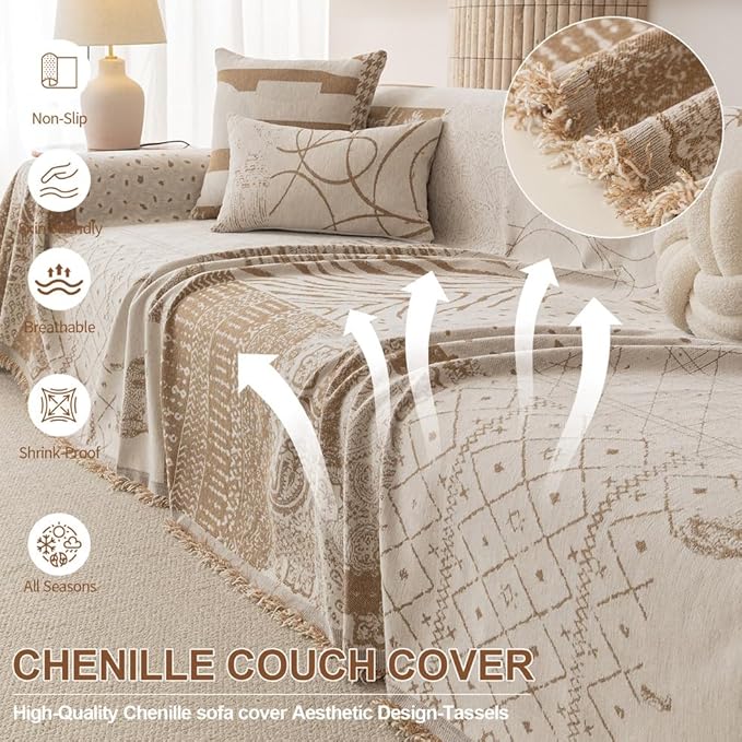 ROOMLIFE Boho Khaki Couch Covers for 3 Cushion Sofa, Chenille Couch Cover Sectional Sofa Cover for Dog, Washable Furniture Sofa Protector Cover Soft Blanket with Tassel for Living Room, 71 '' X 134''