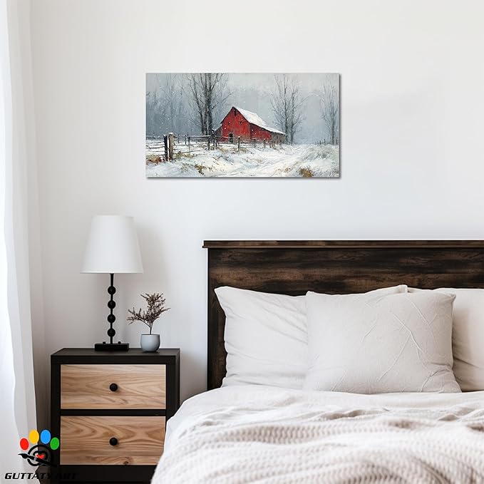 GUTTATY Christmas Winter Scene Canvas Wall Art, Rustic Red Barn Pictures, Snowy Landscape Wall Print, Country Farmhouse Canvas Painting, Festive Hanging Artwork for Living Room Decor, 40x20 Inch