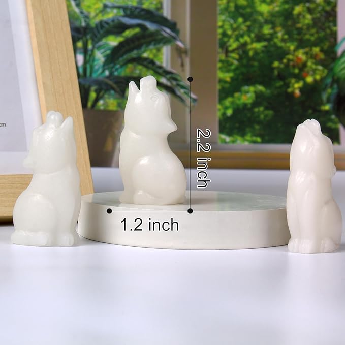 White Jade Howling Wolf Crystal Figurines, 2.2 Inch Wolf Totem Spirit Animal Statue Decor for Home Office Desk Altar, Hand Carved Natural Healing Crystal Sculpture Gifts for Women Men