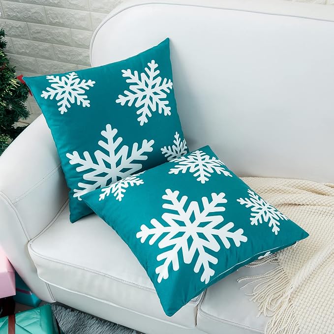 HWY 50 Teal Decorative Throw Pillow Covers 20x20 Inch for Couch Sofa Living Room Bed, Soft Square Throw Pillows Cases Cushion Cover with Christmas Snowflakes Print Pack of 2
