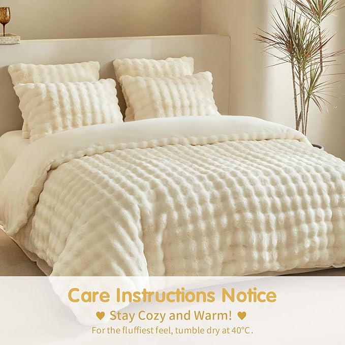 Tokokimo Fluffy Fleece Queen Size Duvet Cover Set, Ultra Soft Reversible Heavyweight Bedding Set, Extra Warm Winter Duvet Cover Set with 2 Pillow Cases, All Season Fuzzy Comforter Cover Set, Beige