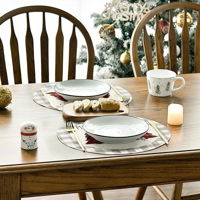 Artoid Mode Watercolor Grey Buffalo Plaid Christmas Trees Round Placemats Set of 4, 14 Inch Seasonal Winter Xmas Holiday Round Table Mats for Party Kitchen Dining Decoration