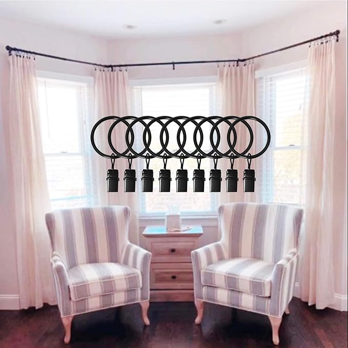 100 Pack Curtain Rings with Clips, Curtain Clip Rings Hooks, Bow Hanger Clips for Hanging Drapery Drapes Bows, Ring 1.26 inch Interior Diameter, Fits up to 1" Rod, Black