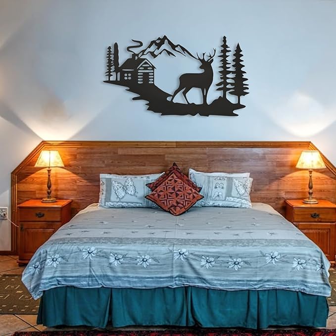 kuestboy Metal Wall Art Deer Forest Landscape, Mountain Cabin Scene Wildlife Design, Handcrafted Steel Wall Sculpture for Lodge, Cabin, Rustic Home Decor (30" X 17" | 76 X 42cm)
