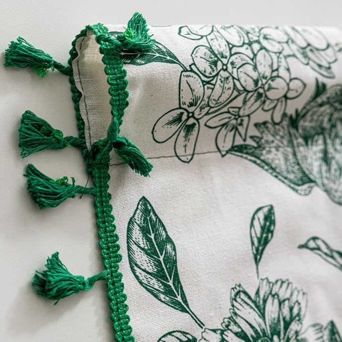 F-CHU Green Floral Farmhouse Curtains Living Room Drapes 84 Inch Length Cotton Linen Boho Window Curtain with Tassel Rod Pocket Bedroom Macrame Drapes Flower Curtains, 2 Panel