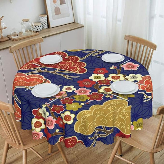 Cherry Blossom Tablecloth, Pink Floral Traditioanal Oriental Koi Vintage Asian Style Water Resisitant Wipeable Table Cover for Dining Kitchen Living Room Home Party Holiday Decor 70 inch Round