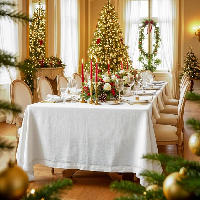 D'Moksha Homes White Linen Tablecloth 60 x 108 Inch - 100% Pure Linen White Table Cloth for Rectangle Tables - Classic Hemstitch, Machine Washable Tablecloth for Fall, Thanksgiving, Christmas, Holiday